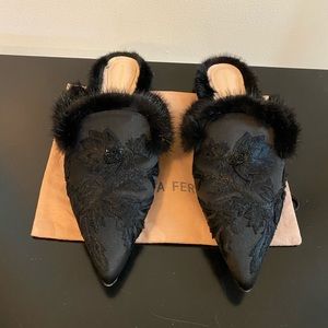 Alberta Ferretti Real Mink Trim Embroidered Mules